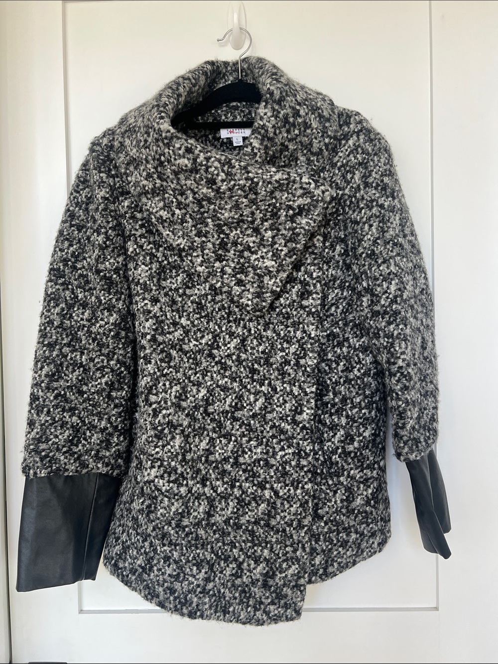 Barneys New York Black & Gray Bouclé Wool Peacoat with Leather Trim